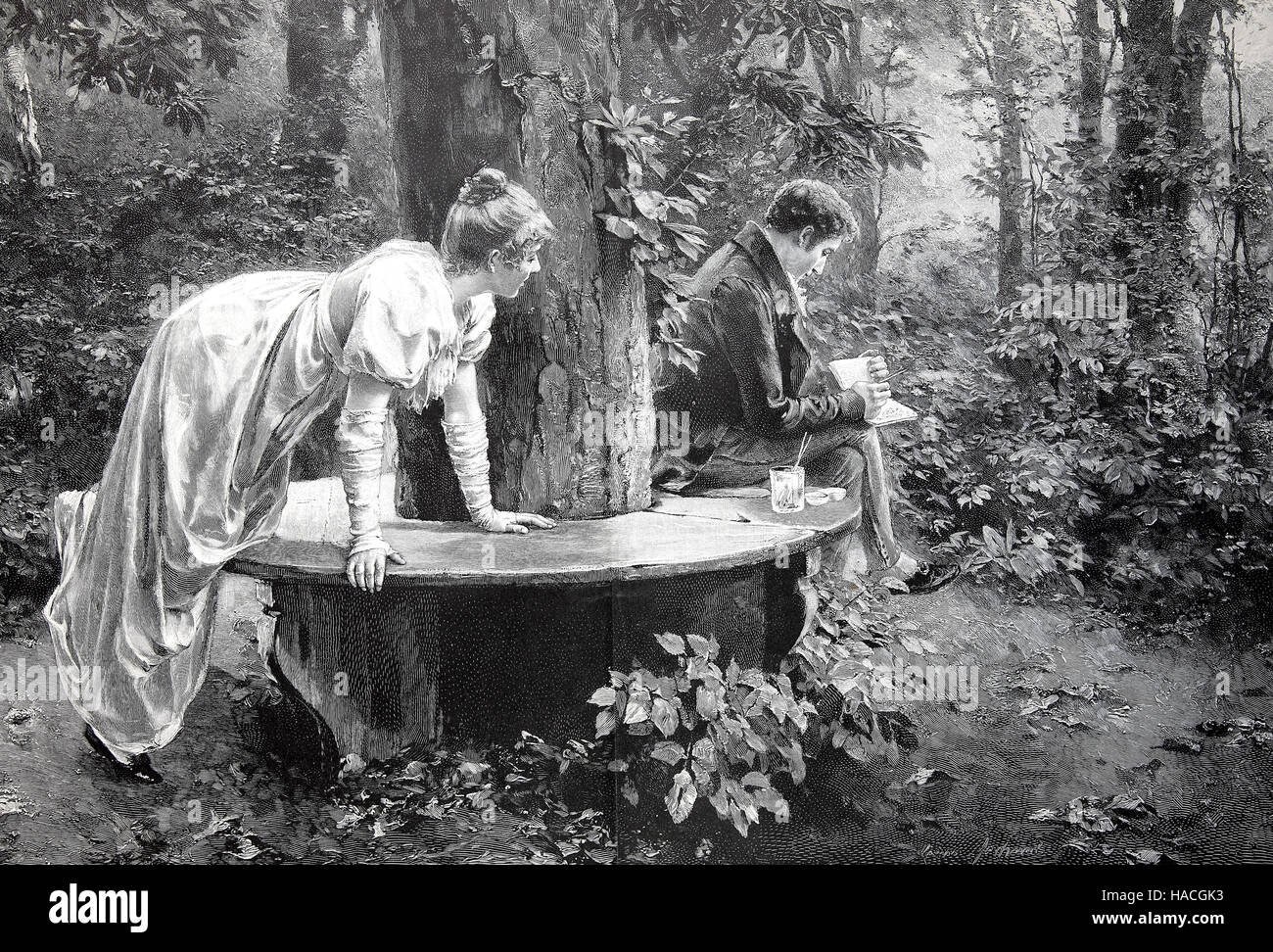 Woman is listening to her husband, who writes in the garden diary, 1880, historic illustration, woodcut Stock Photo