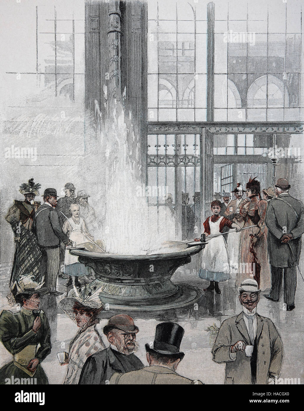 Karlovy Vary or Carlsbad, Karlsbad, is a spa town situated in western Bohemia, Czech Republic, here a geyser, 1880, historic illustration, woodcut Stock Photo