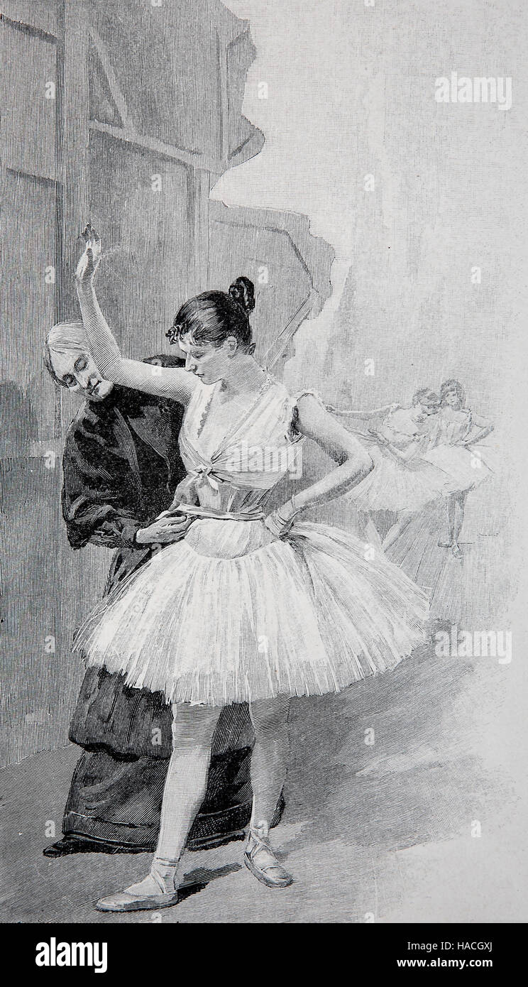 Dressing a ballet dancer girl, 1880, historic illustration, woodcut Stock Photo