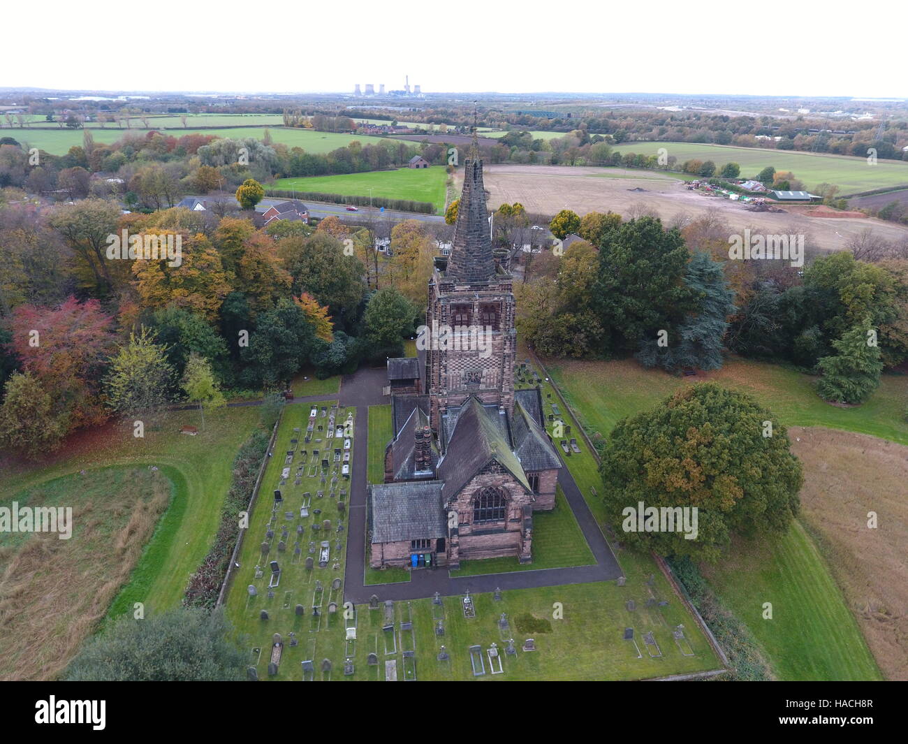 Aerial photograph of a church and graveyard in Cheshire Stock Photo