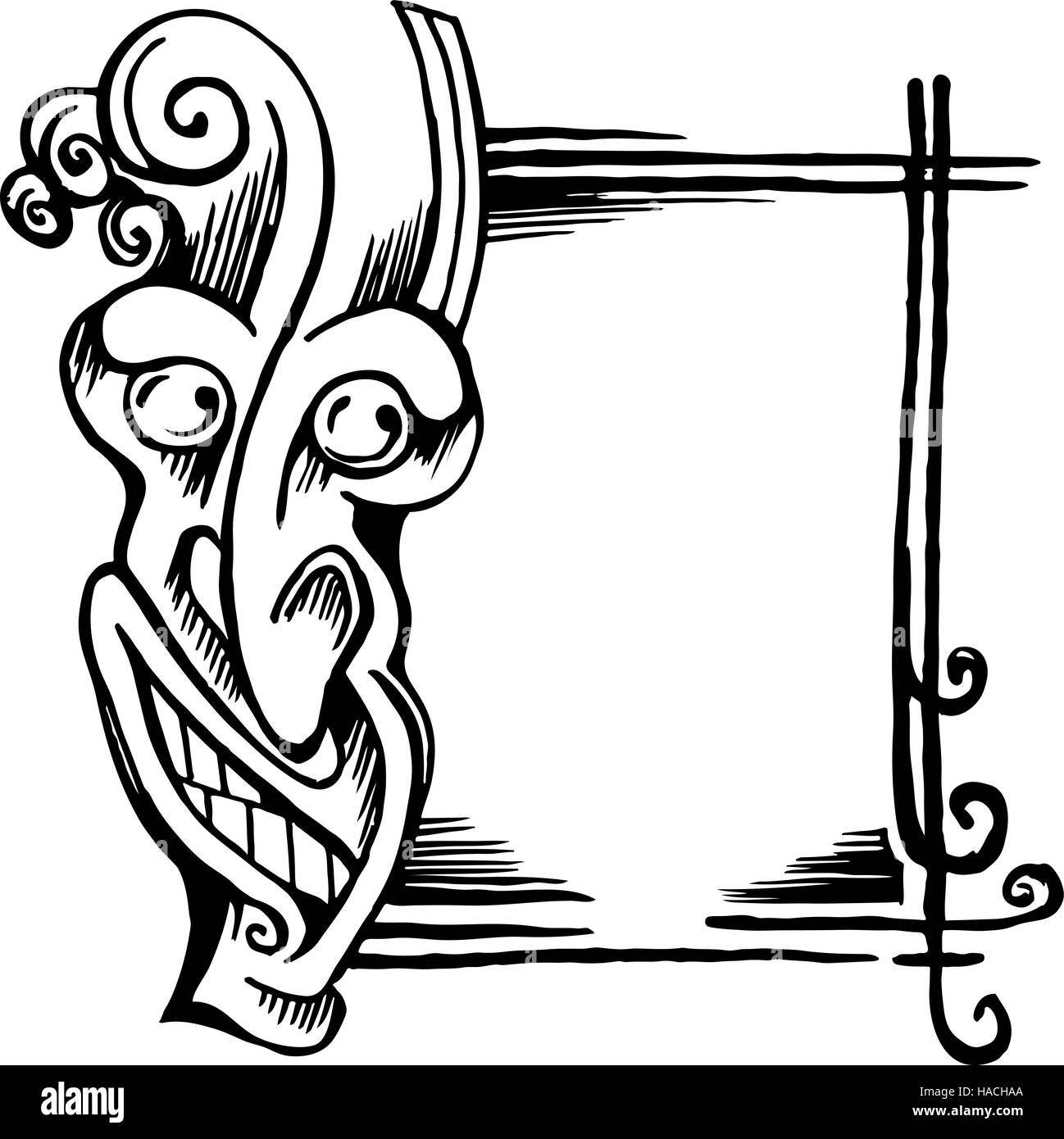 Sketch stylized demon head His face and frame Stock Vector