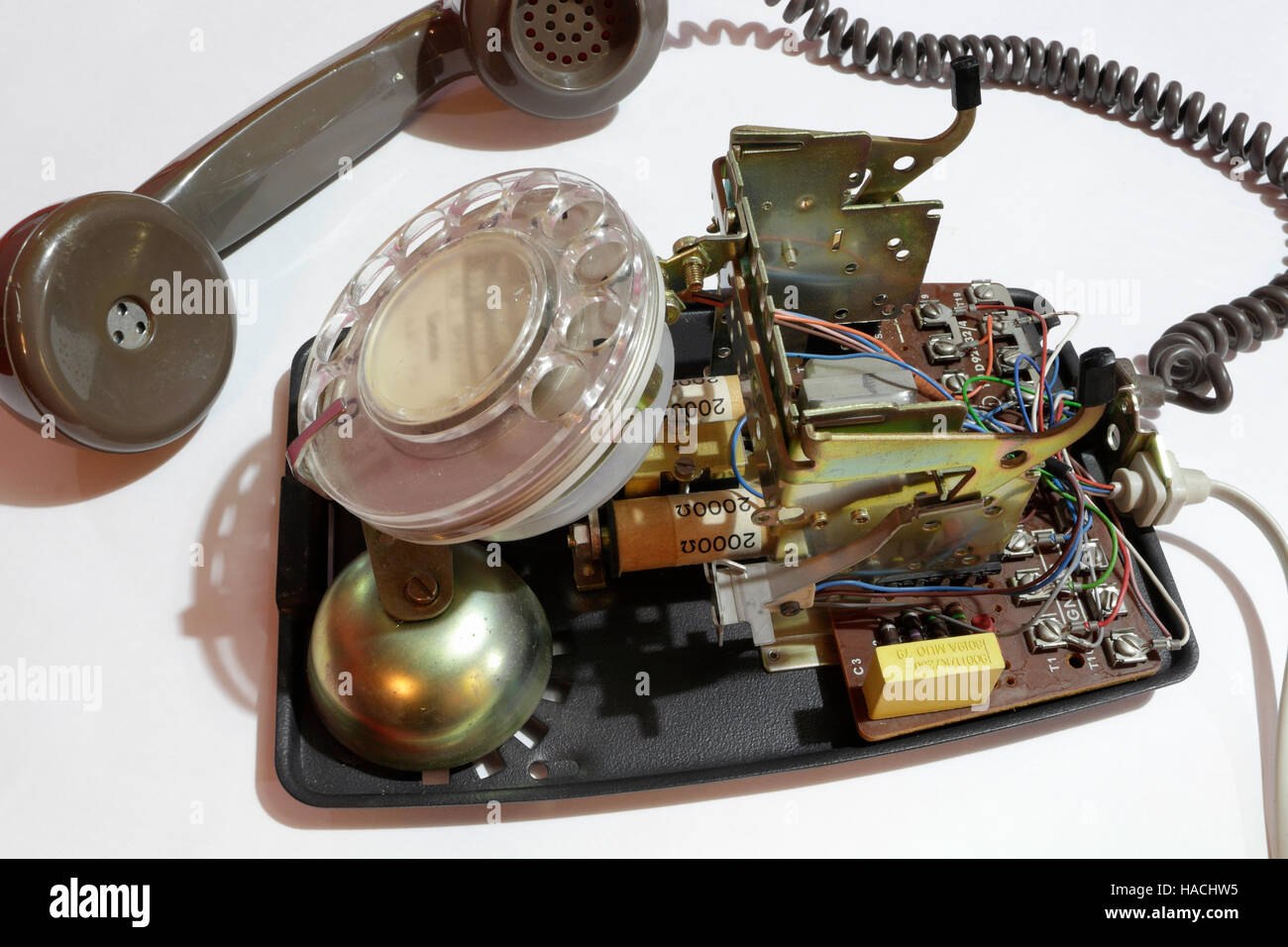 Internal view of an old rotary dial telephone. retro classic phone Stock Photo