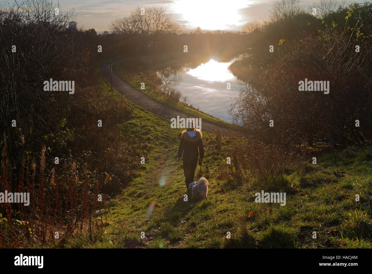 young girl walking dog Forth and Clyde canal, Glasgow Stock Photo