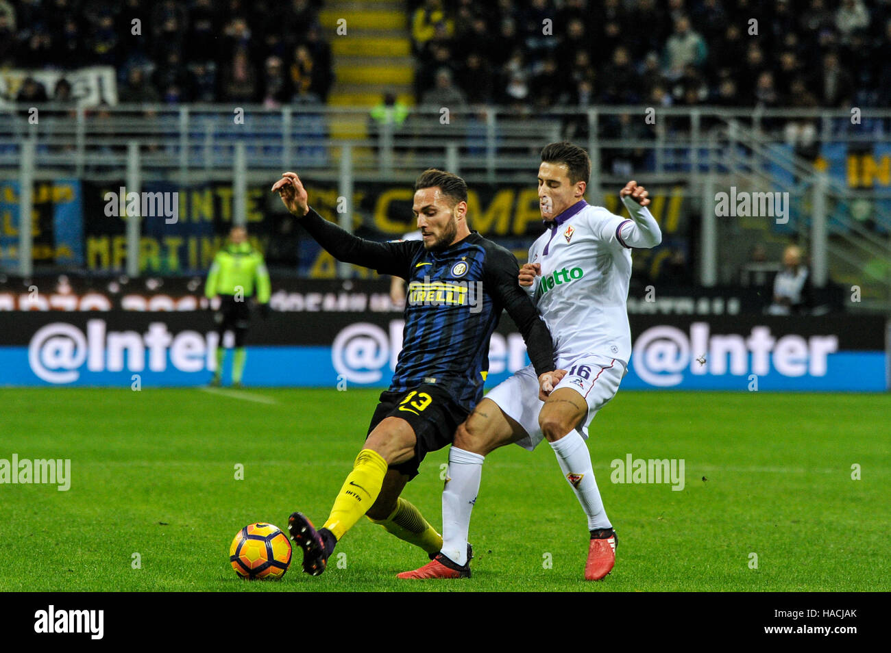 Milan, Italy. 28th Nov, 2016. Andrea ranocchia of FC Inter and Cristian  Tello of AC Fiorentina