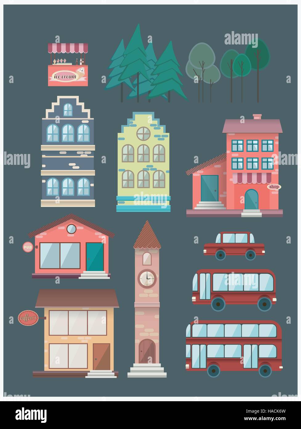 Set of buildings, car, bus, coffee, shop Stock Vector