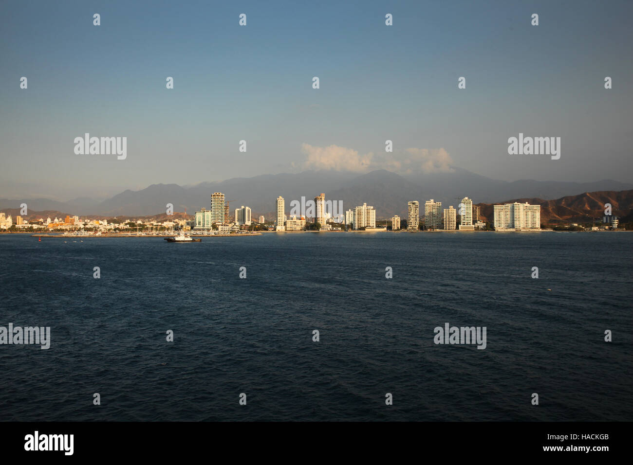 Caribbean coastline of Santa Marta, Colombia from the sea showing the skyline of the city. Stock Photo