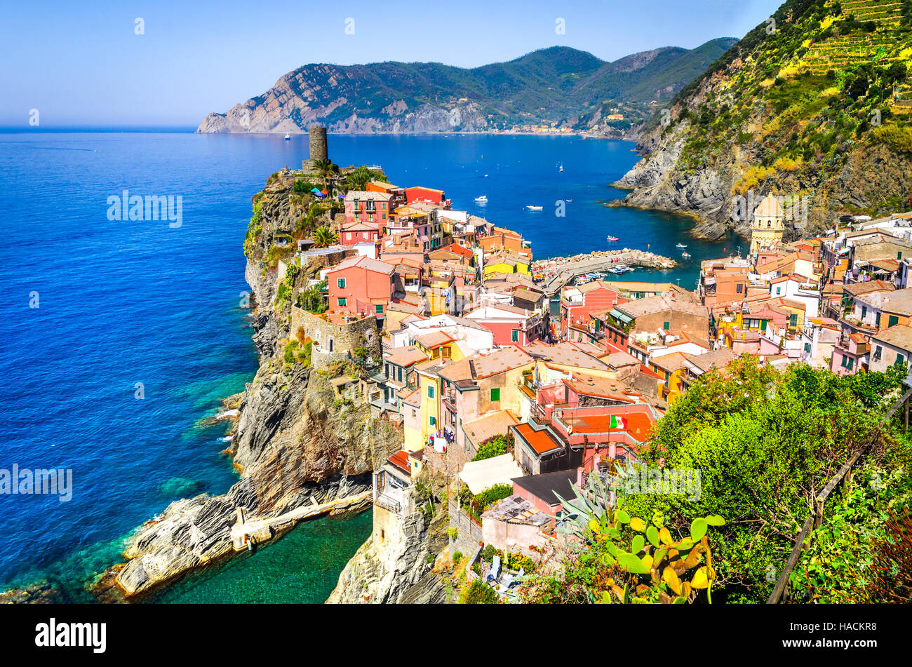 Vernazza, Cinque Terre. View from high hill of with houses and blue Mediterranean Sea, Cinque Terre national park, Liguria, Italy Stock Photo
