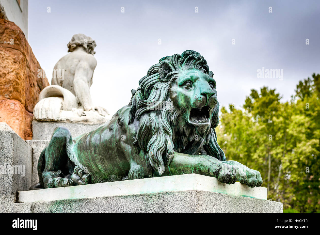 Madrid, Spain. Lion statue detail in Plaza de Oriente, in front of