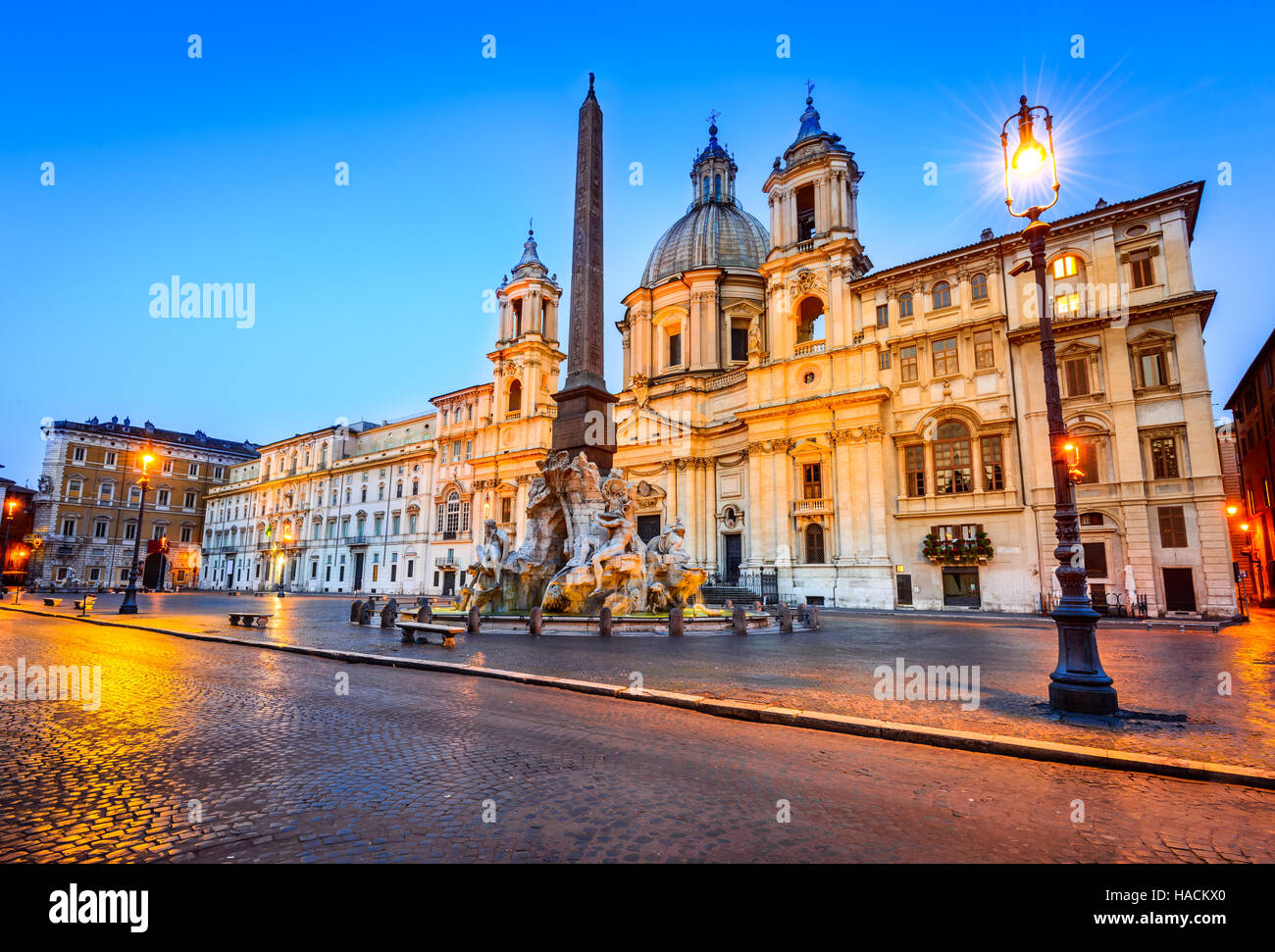 Rome, Italy. Famous Piazza Navona Square Fountain of the Four Rivers with an Egyptian obelisk in Piazza Navona. Stock Photo