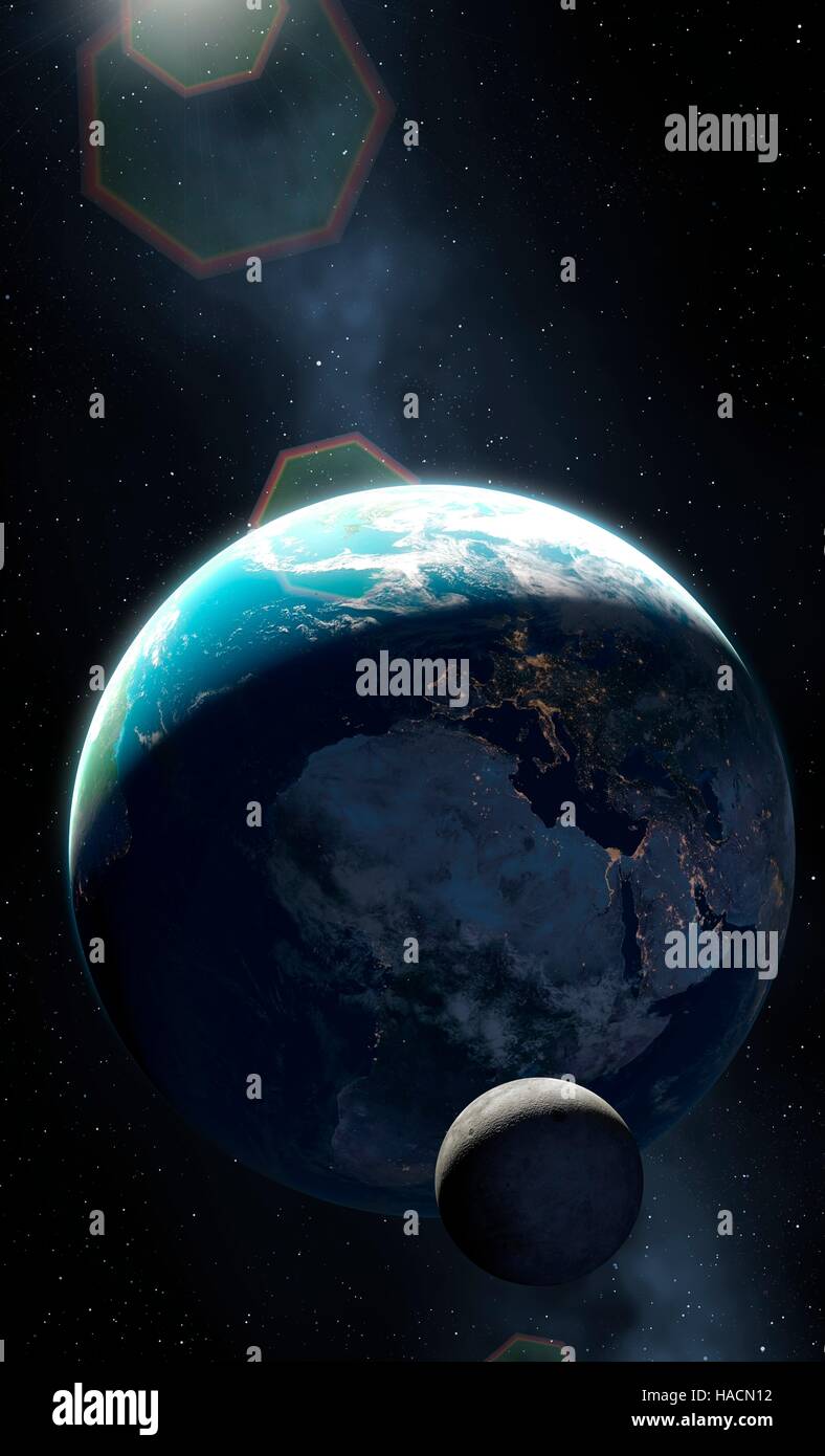 Illustration of the Earth and Moon showing a large proportion of the planet in darkness. Cities are seen glistening, defining the edges of the continents. This view shows Europe and Africa. Stock Photo