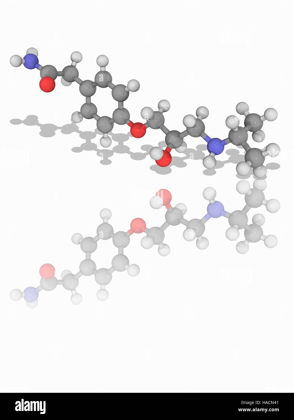 Atenolol. Molecular model of the beta blocker drug atenolol (C14.H22.N2.O3), used to treat hypertension (high blood pressure). Atoms are represented as spheres and are colour-coded: carbon (grey), hydrogen (white), nitrogen (blue) and oxygen (red). Illustration. Stock Photo