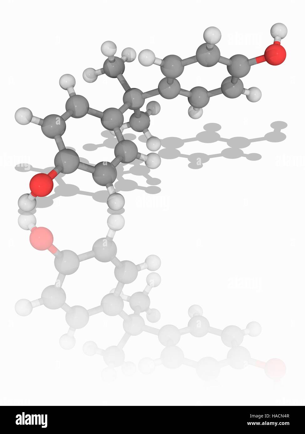 A. Molecular model of the organic compound bisphenol A (BPA, C15.H16.O2). This chemical is used to fabricate polycarbonate polymers epoxy resins. has hormone-like properties and some food-related are