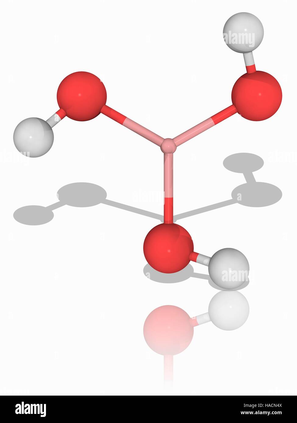 Boric acid. Molecular model of the inorganic chemical boric acid (H3.B.O3). This chemical compound is used as an antiseptic, insecticide, flame retardant and neutron absorber. Atoms are represented as spheres and are colour-coded: boron (pink), hydrogen (white) and oxygen (red). Illustration. Stock Photo