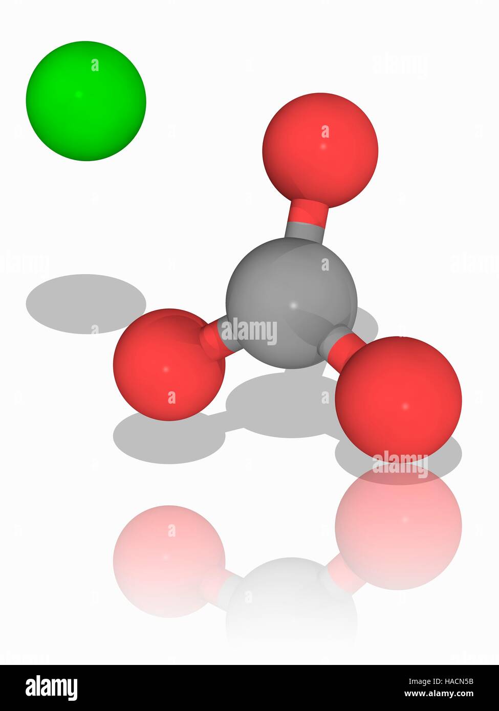 Calcium carbonate. Molecular model of the ionic mineral calcium carbonate (Ca.CO3). This chemical forms the main component of the shells of marine organisms and egg shells, and is an abundant mineral deposit that formed under ancient seas. Atoms and ions are represented as spheres and are colour-coded: calcium (green), carbon (grey) and oxygen (red). The calcium ion and the carbonate ion have a double positive and negative charge respectively. Illustration. Stock Photo