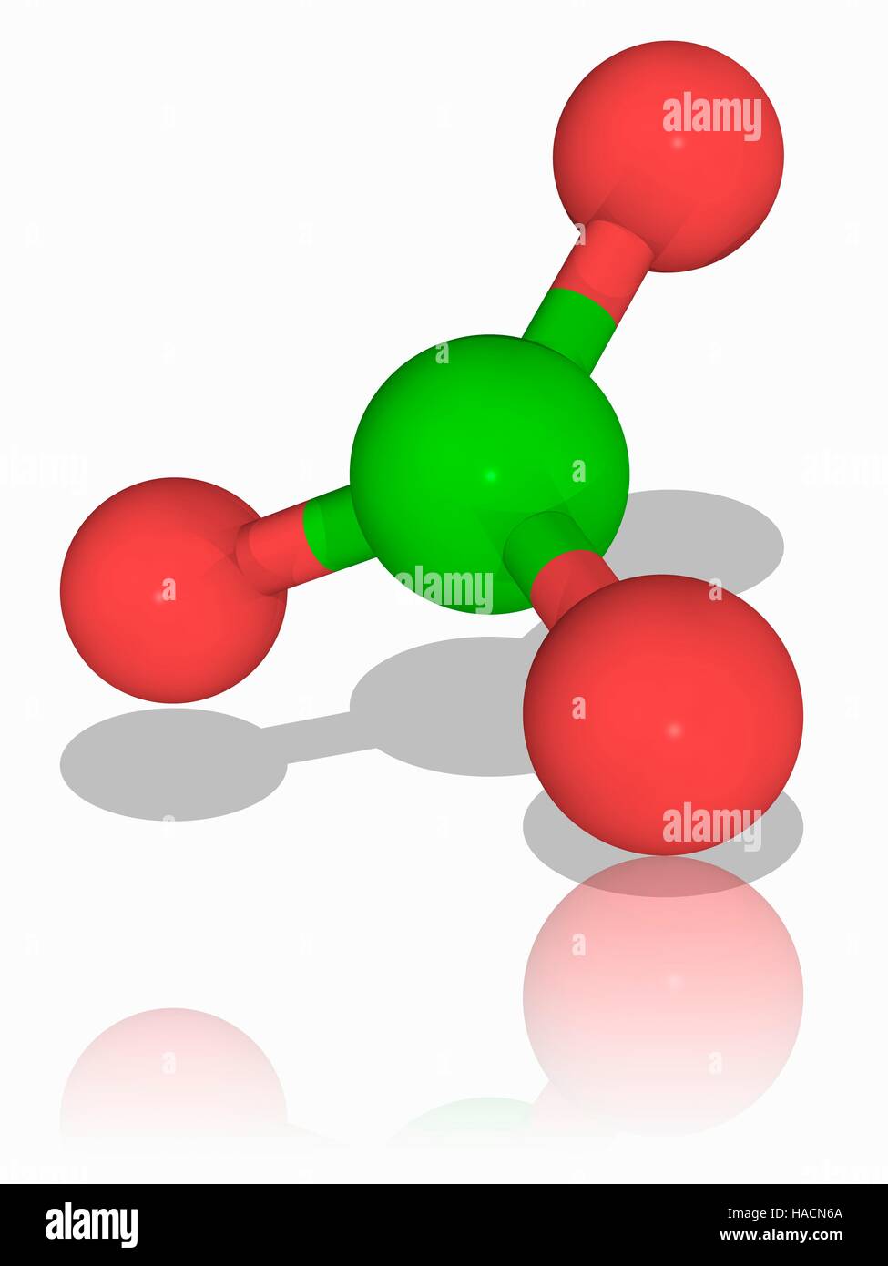 Chlorate ion. Molecular model of the chlorate anion (Cl.O3-). This is a powerful oxidizer and will readily combust with a range of substances. The ion has a trigonal pyramidal structure. Atoms are represented as spheres and are colour-coded: oxygen (red) and chlorine (green). Illustration. Stock Photo