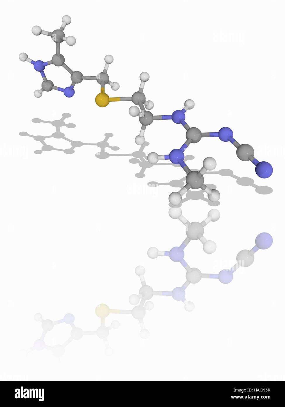 Cimetidine. Molecular model of the drug cimetidine (C10.H16.N6.S), used to treat heartburn and peptic ulcers. It is a histamine H2-receptor antagonist, inhibiting the production of acid in the stomach. Atoms are represented as spheres and are colour-coded: carbon (grey), hydrogen (white), nitrogen (blue) and sulphur (yellow). Illustration. Stock Photo