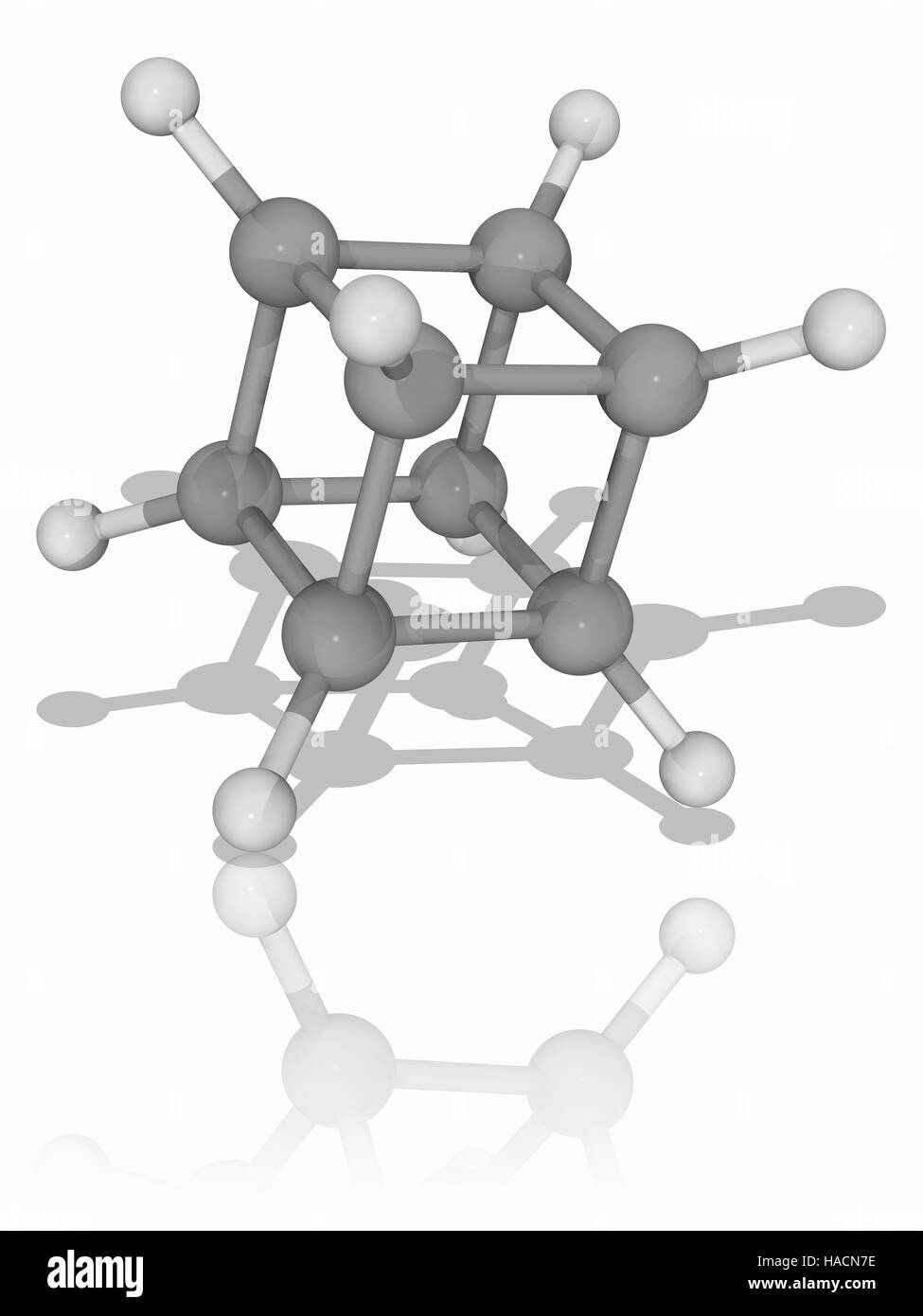Cubane. Molecular model of the synthetic hydrocarbon cubane (C8.H8). This is a prismane, a hydrocarbon that forms a prism-like polyhedra, in this case a cube, one of the Platonic solids. Such molecules are engineered for their potential uses in medicine and nanotechnology. Atoms are represented as spheres and are colour-coded: carbon (grey) and hydrogen (white). Illustration. Stock Photo