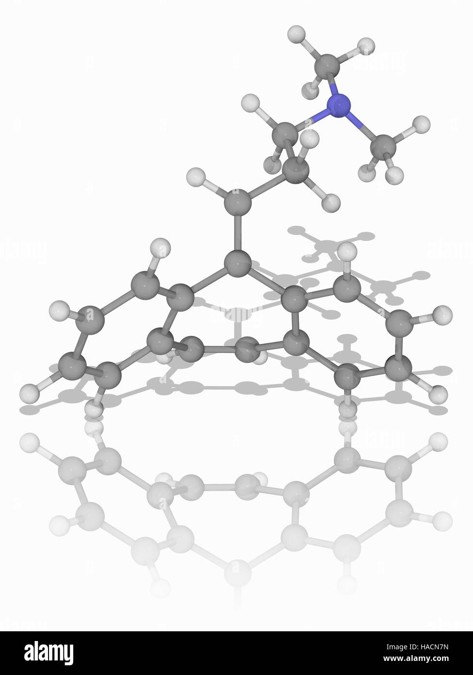 Cyclobenzaprine. Molecular model of the muscle relaxant drug cyclobenzaprine (C20.H21.N), used to treat skeletal muscle spasms. Atoms are represented as spheres and are colour-coded: carbon (grey), hydrogen (white) and nitrogen (blue). Illustration. Stock Photo