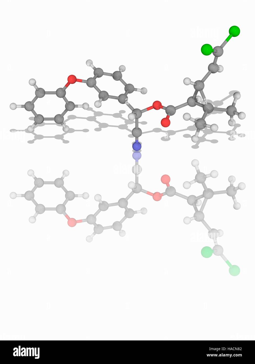 Cypermethrin. Molecular model of the synthetic organic compound cypermethrin (C22.H19.Cl2.N.O3), used as an insecticide. Atoms are represented as spheres and are colour-coded: carbon (grey), hydrogen (white), nitrogen (blue), oxygen (red) and chlorine (green). Illustration. Stock Photo