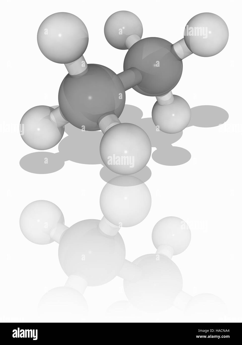 Ethane. Molecular model of the hydrocarbon alkane gas ethane (C2.H6). This colourless, odourless gas is isolated on an industrial scale from natural gas. It is also formed as a by-product of petroleum refining. Atoms are represented as spheres and are colour-coded: carbon (grey) and hydrogen (white). Illustration. Stock Photo