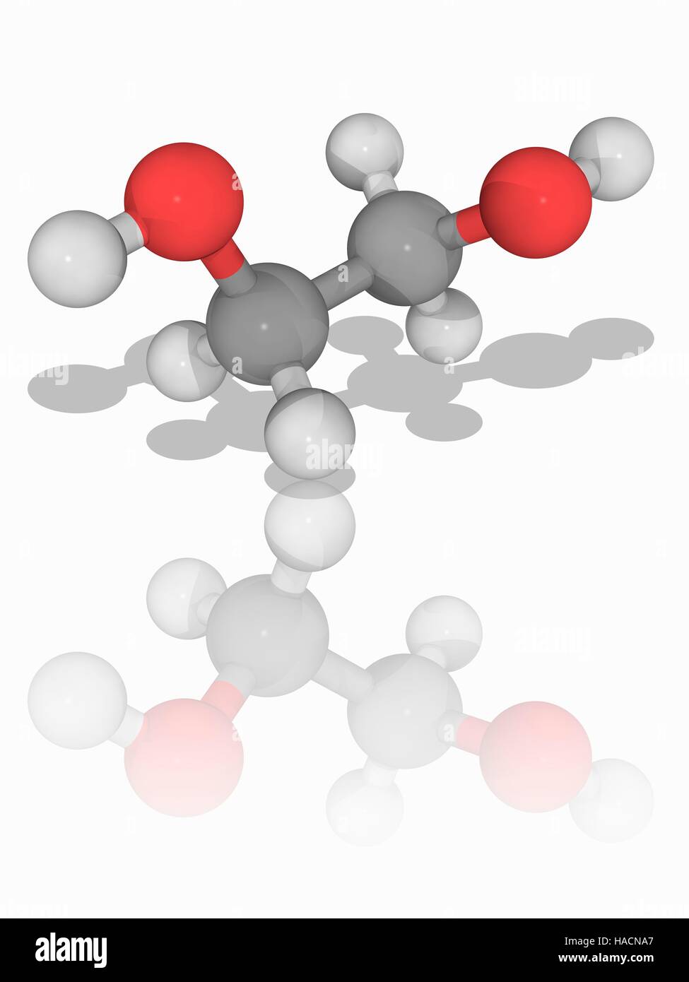 Ethylene glycol. Molecular model of the alkanediol ethylene glycol (C2.H6.O2), an organic compound used as an automotive antifreeze. It is also used in the chemical industry as a precursor to polymers. Atoms are represented as spheres and are colour-coded: carbon (grey), hydrogen (white) and oxygen (red). Illustration. Stock Photo