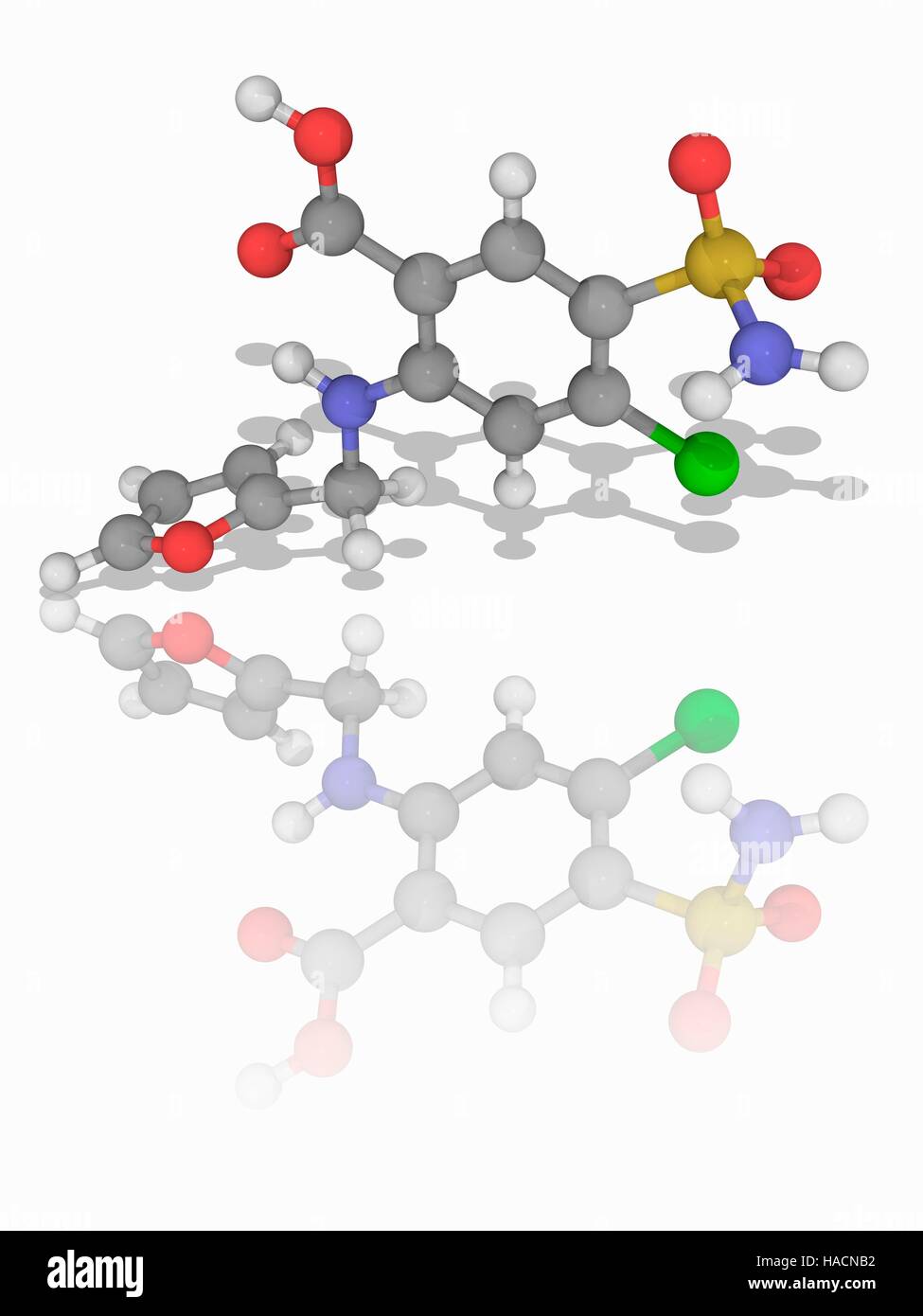 Furosemide. Molecular model of the drug furosemide (C12.H11.Cl.N2.O5.S), a loop diuretic used in the treatment of congestive heart failure and oedema. Atoms are represented as spheres and are colour-coded: carbon (grey), hydrogen (white), nitrogen (blue), oxygen (red), chlorine (green) and sulphur (yellow). Illustration. Stock Photo