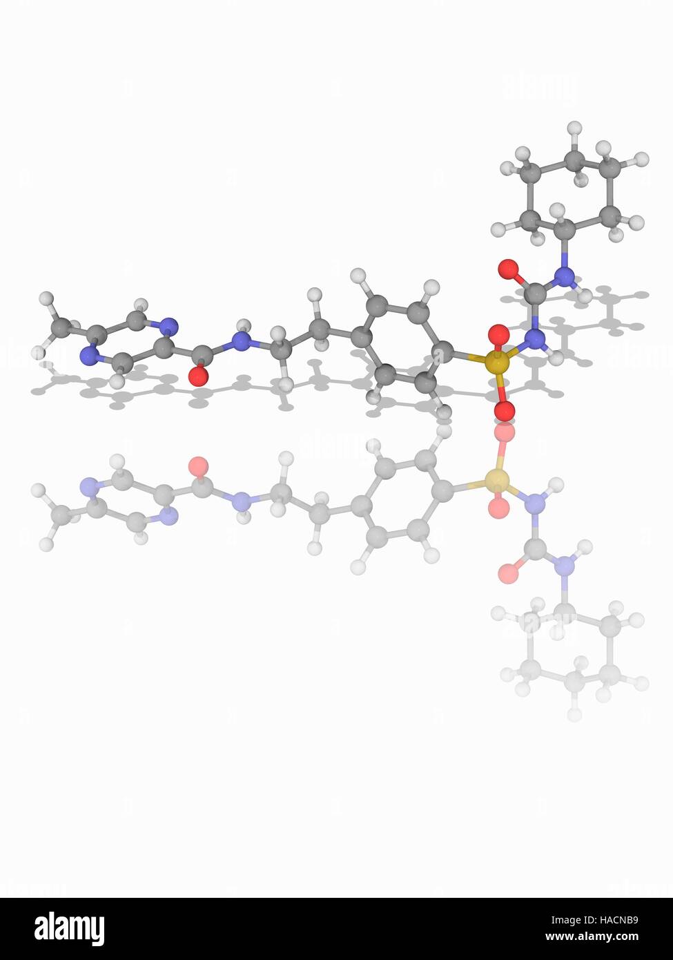 Glipizide. Molecular model of the anti-diabetic drug glipizide (C21.H27.N5.O4.S). This is a sulphonylurea drug that acts by increasing insulin release from the beta cells in the pancreas. Atoms are represented as spheres and are colour-coded: carbon (grey), hydrogen (white), nitrogen (blue), oxygen (red) and sulphur (yellow). Illustration. Stock Photo