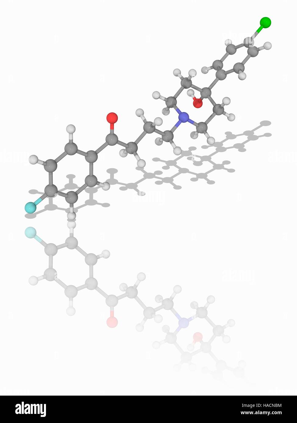 Haloperidol. Molecular model of the antipsychotic drug haloperidol (C21.H23.Cl.F.N.O2). This drug is used in the treatment of schizophrenia, acute psychotic states and delirium. Atoms are represented as spheres and are colour-coded: carbon (grey), hydrogen (white), nitrogen (blue), oxygen (red), fluorine (cyan) and chlorine (yellow). Illustration. Stock Photo