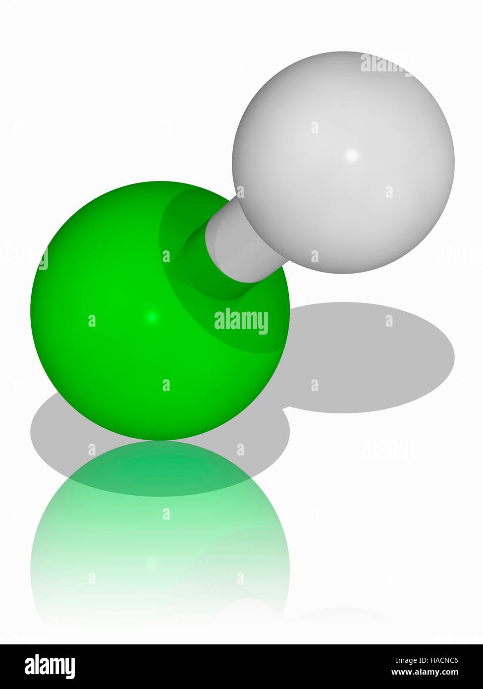 Hydrochloric acid. Molecular model of the halide and mineral acid hydrochloric acid (HCl). This is a highly corrosive and strong acid, found naturally in gastric (stomach) acid. Industrially, it is mainly used in the production of PVC plastic and polyurethane. Atoms are represented as spheres and are colour-coded: chlorine (green) and hydrogen (white). Illustration. Stock Photo