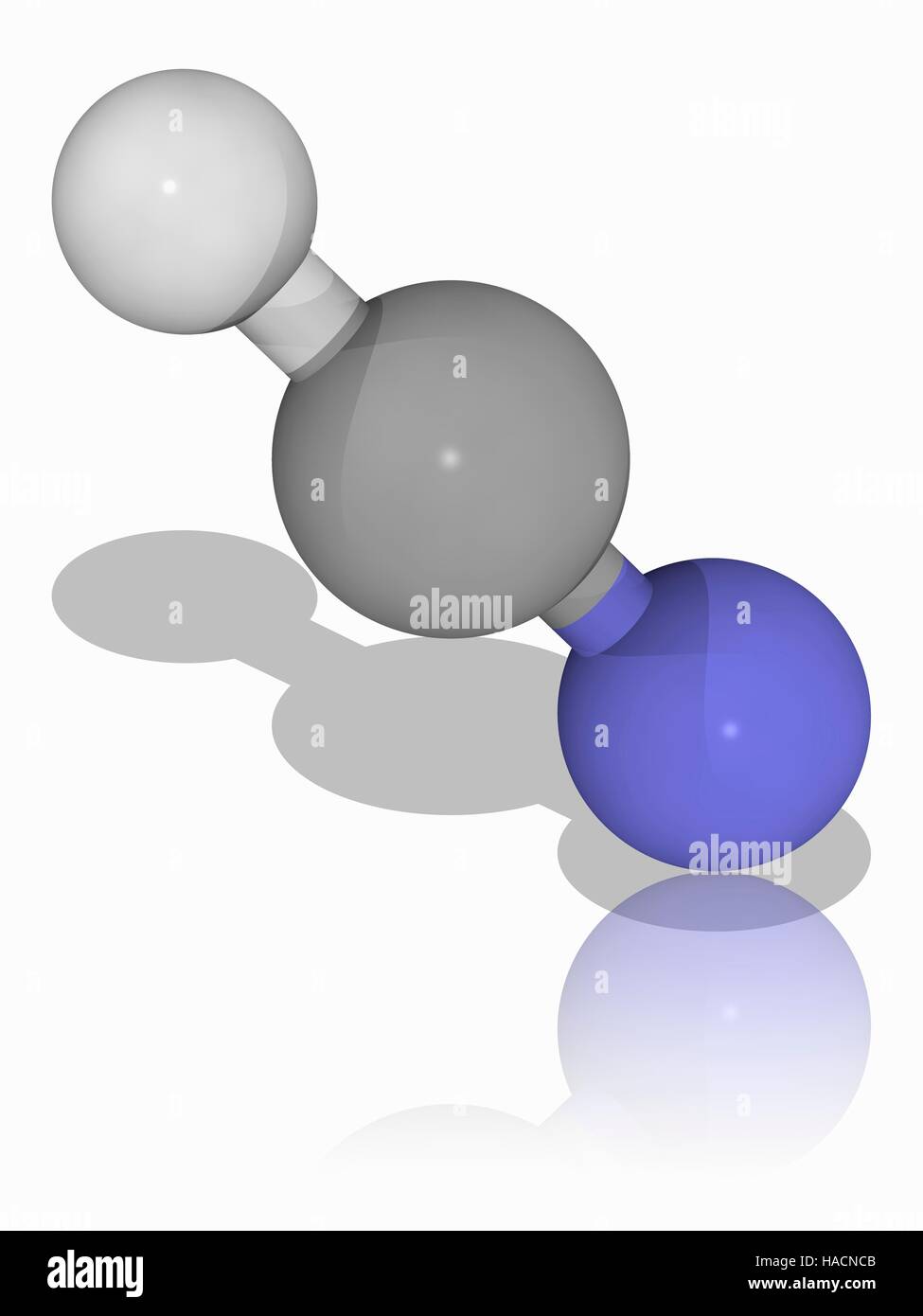 Hydrogen cyanide. Molecular model of the inorganic compound hydrogen cyanide (HCN). This is an extremely poisonous liquid with a burnt almond-like door. It is sometimes referred to as prussic acid. It has widespread applications in the chemical industry. Atoms are represented as spheres and are colour-coded: carbon (grey), hydrogen (white) and nitrogen (blue). Illustration. Stock Photo