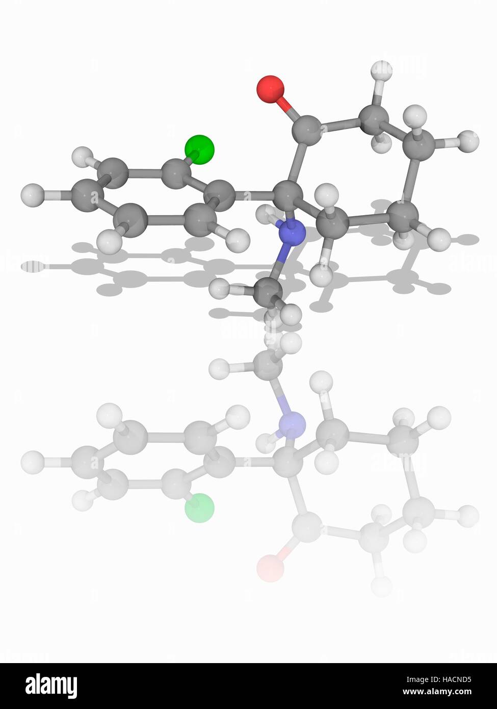 Ketamine. Molecular model of the drug ketamine (C13.H16.Cl.N.O), used in human and veterinary medicine for the induction and maintenance of general anaesthesia. It is also used as a painkiller, and illegally as a recreational drug. Atoms are represented as spheres and are colour-coded: carbon (grey), hydrogen (white), nitrogen (blue), oxygen (red) and chlorine (green). Illustration. Stock Photo