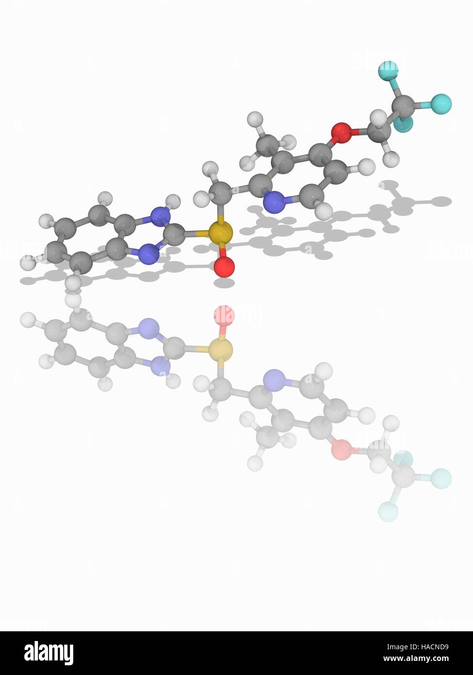 Lansoprazole. Molecular model of the drug lansoprazole (C16.H14.F3.N3.O2.S), a proton-pump inhibitor that prevents the stomach from producing gastric acid. It is used in cases of gastric ulcers or gastroesophageal reflux disease. Atoms are represented as spheres and are colour-coded: carbon (grey), hydrogen (white), nitrogen (blue), oxygen (red), sulphur (yellow) and fluorine (cyan). Illustration. Stock Photo