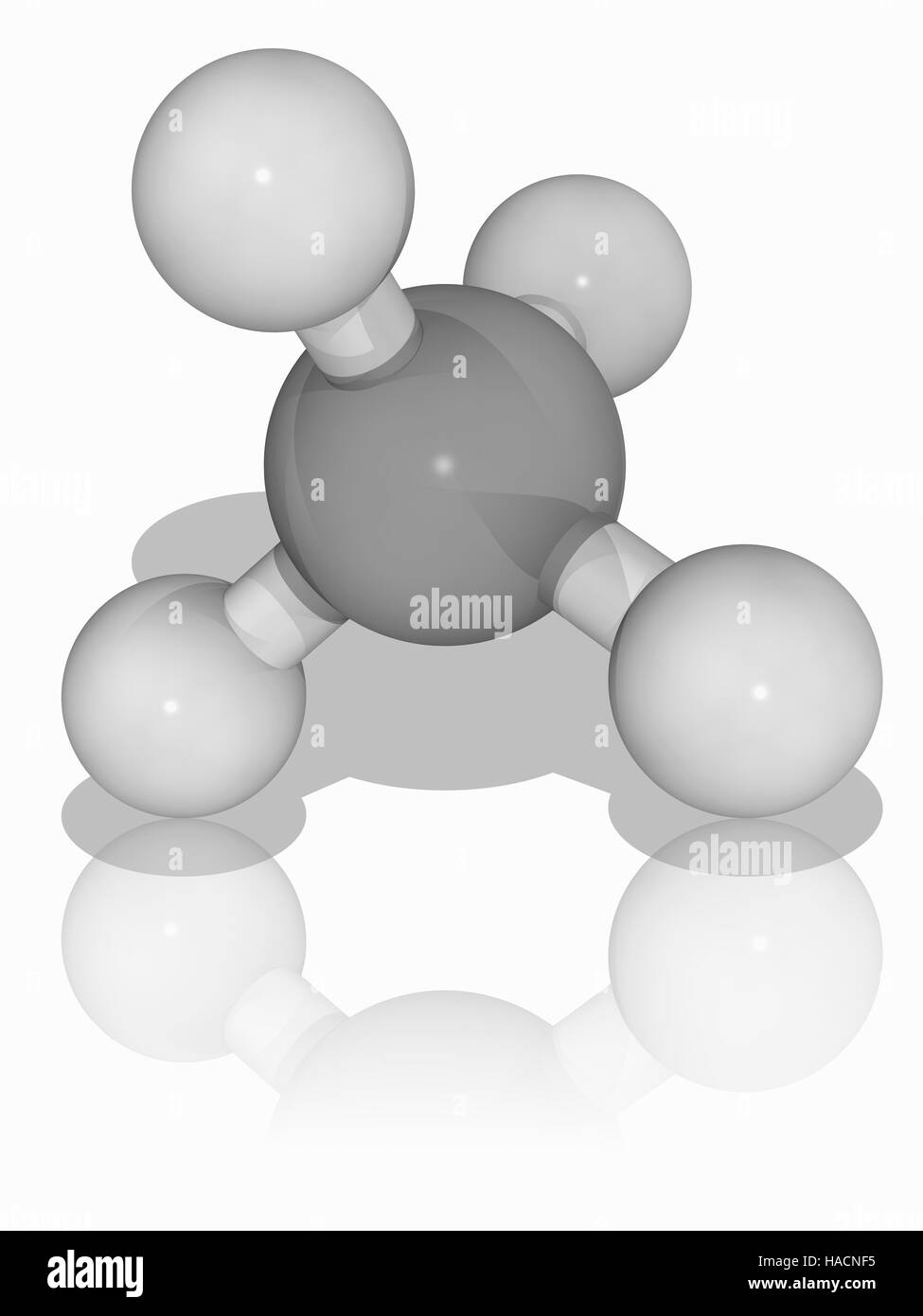 Methane. Molecular model of the alkane and hydrocarbon gas methane (CH4). It is the principal component of natural gas. It is the simplest possible alkane. Atoms are represented as spheres and are colour-coded: carbon (grey) and hydrogen (white). Illustration. Stock Photo