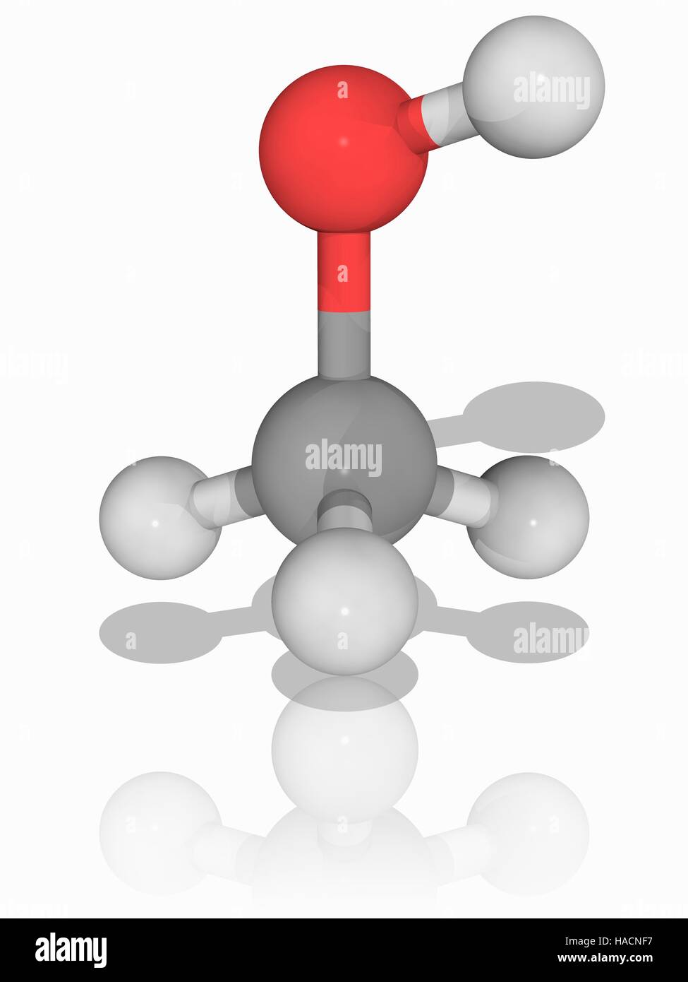 Methanol. Molecular model of the organic compound and alcohol methanol (C.H4.O), also known as methyl alcohol. This compound is a light, volatile colourless and flammable liquid. It is used as an antifreeze, solvent, fuel and as a denaturant for ethanol (added to make the ethanol unfit for human consumption). Atoms are represented as spheres and are colour-coded: carbon (grey), hydrogen (white) and oxygen (red). Illustration. Stock Photo