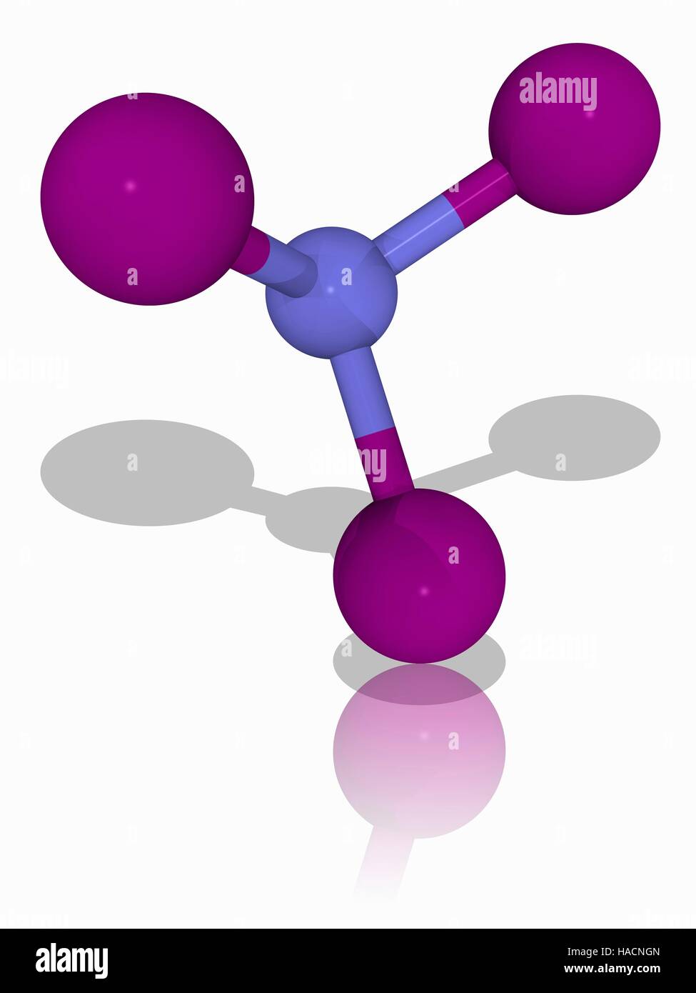 Nitrogen triiodide. Molecular model of the explosive chemical nitrogen triiodide (N.I3). This explosive is extremely sensitive to shocks. Atoms are represented as spheres and are colour-coded: nitrogen (blue) and iodine (violet). Illustration. Stock Photo