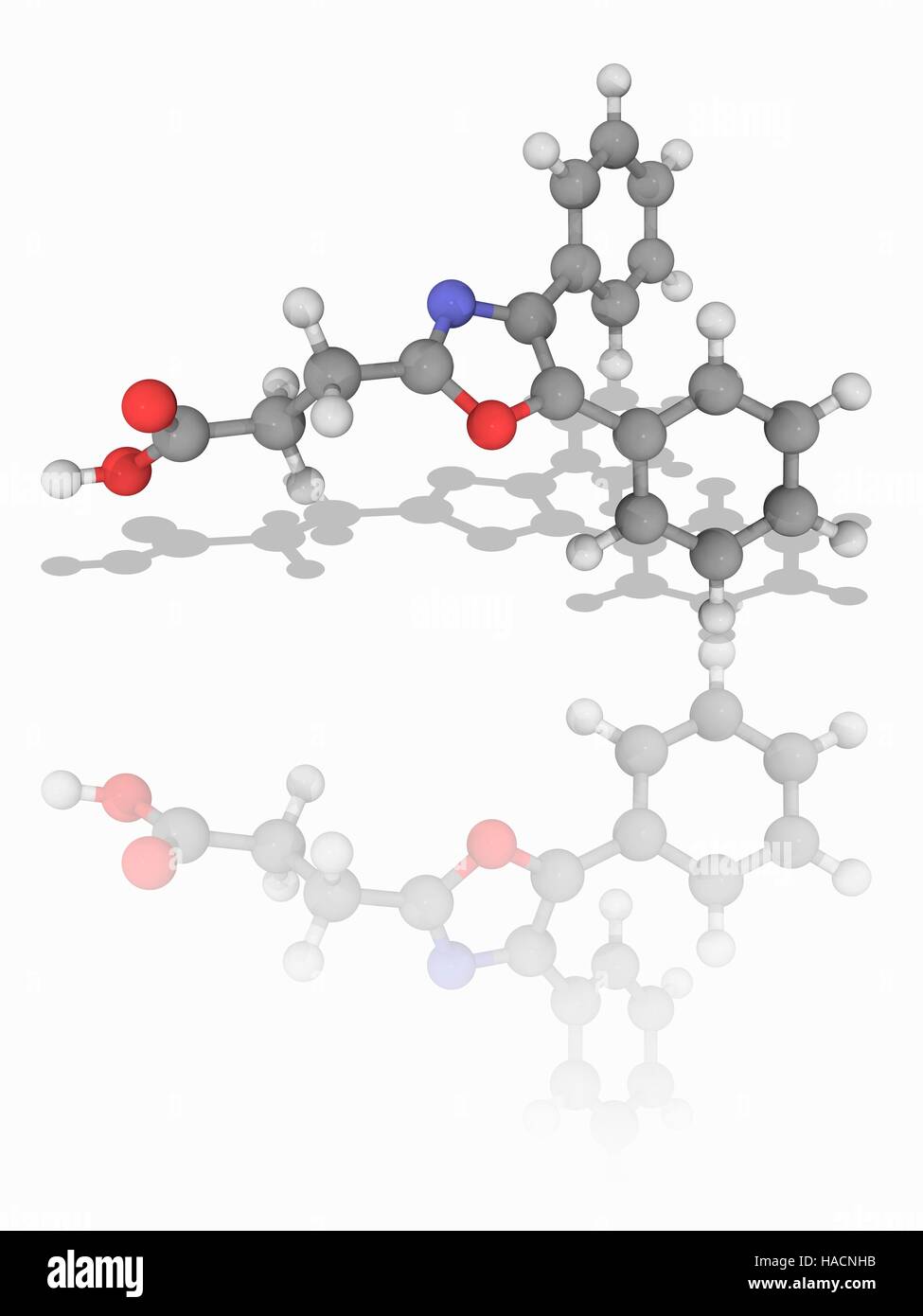 Oxaprozin. Molecular model of the non-steroidal anti-inflammatory drug oxaprozin (C18.H15.N.O3), used to relieve inflammation, swelling, stiffness and joint pain in patients with arthritis. Atoms are represented as spheres and are colour-coded: carbon (grey), hydrogen (white), nitrogen (blue) and oxygen (red). Illustration. Stock Photo