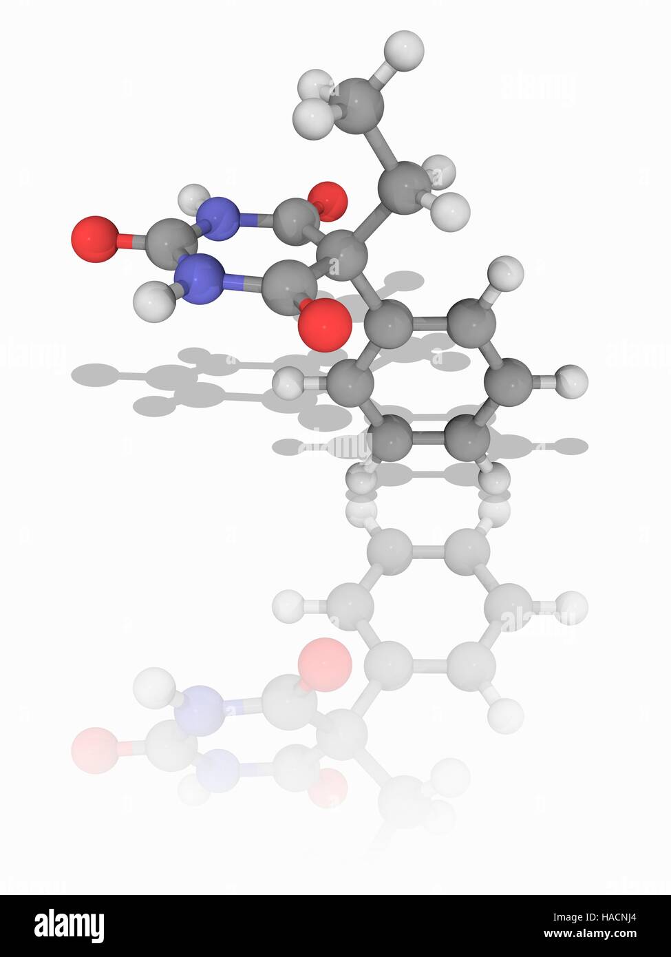 Phenobarbital. Molecular model of the barbiturate drug phenobarbital (C12.H12.N2.O3), used to treat all types of seizures except absence seizures. Atoms are represented as spheres and are colour-coded: carbon (grey), hydrogen (white), nitrogen (blue) and oxygen (red). Illustration. Stock Photo