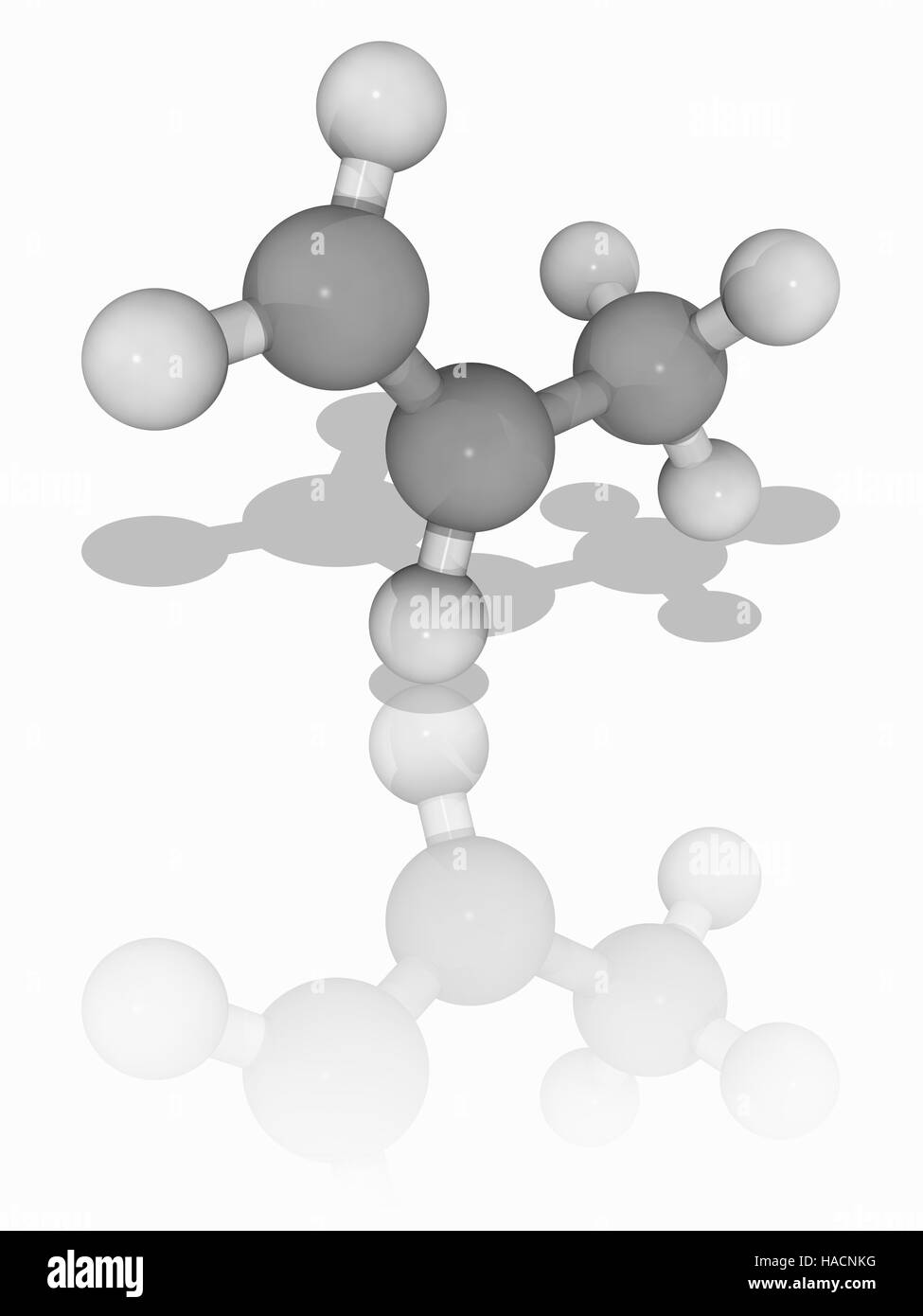 Propene. Molecular model of the alkene gas propene (C3.H6), also known as propylene or methylethylene. This unsaturated organic compound is produced from petroleum and natural gas. It is a raw material for a wide variety of chemical products. Atoms are represented as spheres and are colour-coded: carbon (grey) and hydrogen (white). Illustration. Stock Photo