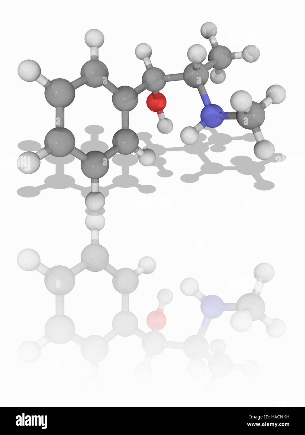 Pseudoephedrine. Molecular model of the drug pseudoephedrine (C10.H15.N.O). This is a sympathomimetic drug classed as a phenethylamine and amphetamine. It is used to treat swollen nasal mucous membranes. Atoms are represented as spheres and are colour-coded: carbon (grey), hydrogen (white), nitrogen (blue) and oxygen (red). Illustration. Stock Photo