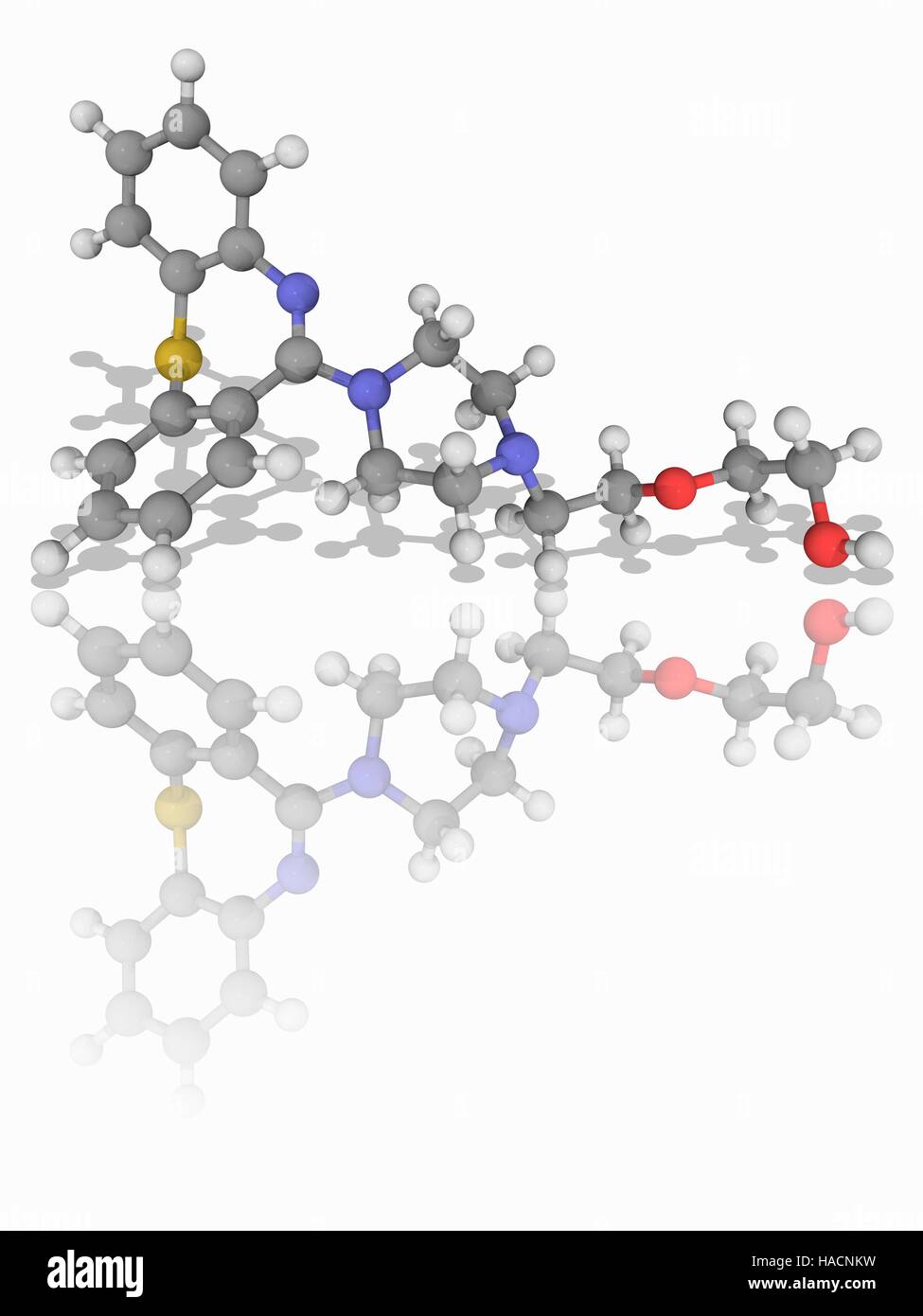 Quetiapine. Molecular model of the antipsychotic drug quetiapine (C21.H25.N3.O2.S), used to treat schizophrenia and bipolar disorder. It is also marketed as Seroquel. Atoms are represented as spheres and are colour-coded: carbon (grey), hydrogen (white), nitrogen (blue), oxygen (red) and sulphur (yellow). Illustration. Stock Photo