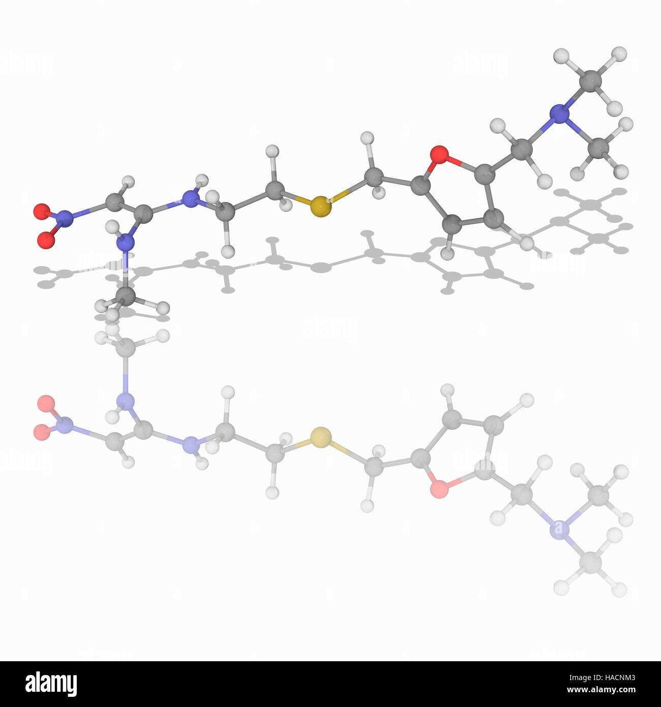 Ranitidine. Molecular model of the drug ranitidine (C13.H22.N4.O3.S), a histamine H2-receptor antagonist that inhibits stomach acid production and is used to treat peptic ulcer disease and gastroesophageal reflux disease (GERD). It is marketed as Zantac. Atoms are represented as spheres and are colour-coded: carbon (grey), hydrogen (white), nitrogen (blue), oxygen (red) and sulphur (yellow). Illustration. Stock Photo
