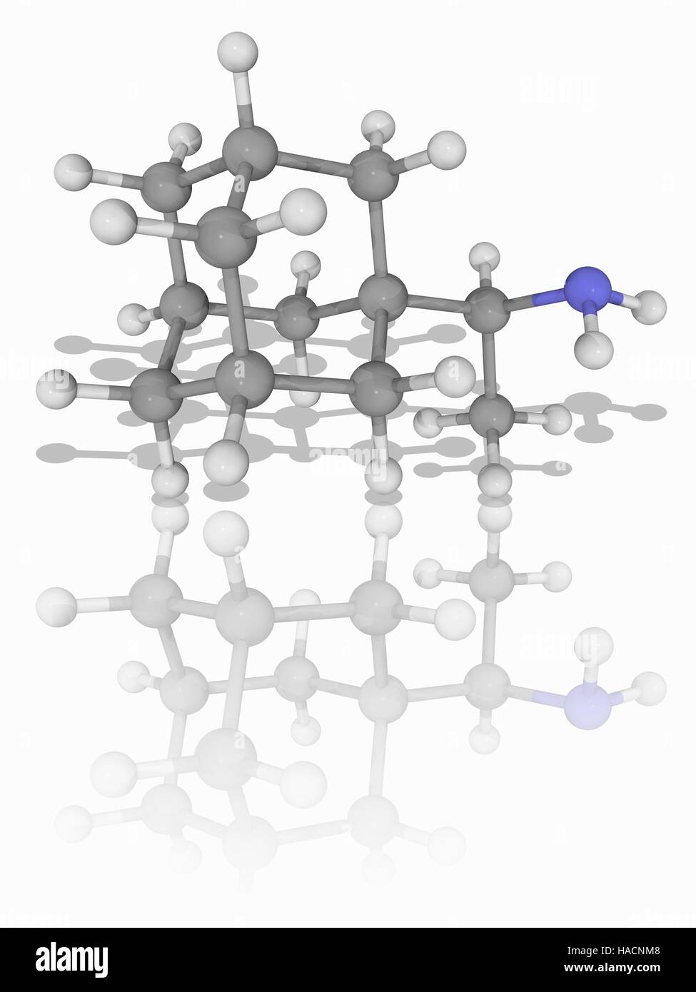 Rimantadine. Molecular model of the anti-viral drug rimantadine (C12.H21.N), marketed as Flumadine. This drug is used to treat influenza A infections. Atoms are represented as spheres and are colour-coded: carbon (grey), hydrogen (white) and nitrogen (blue). Illustration. Stock Photo