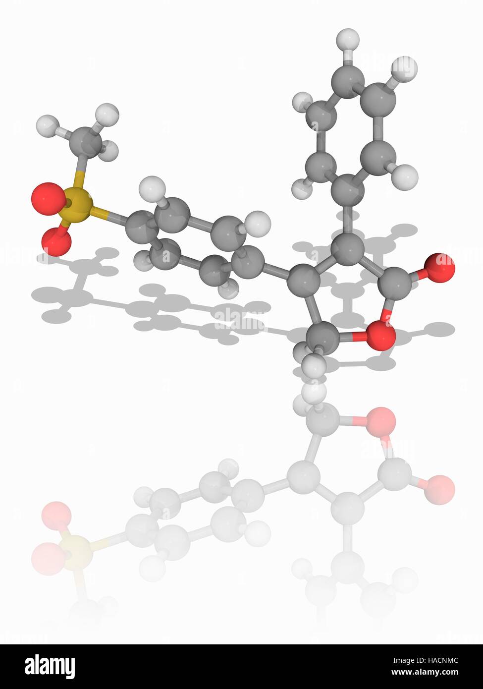 Rofecoxib. Molecular model of the drug rofecoxib (C17.H14.O4.S), a non-steroidal anti-inflammatory drug withdrawn over safety concerns. Atoms are represented as spheres and are colour-coded: carbon (grey), hydrogen (white), nitrogen (blue), oxygen (red) and sulphur (yellow). Illustration. Stock Photo