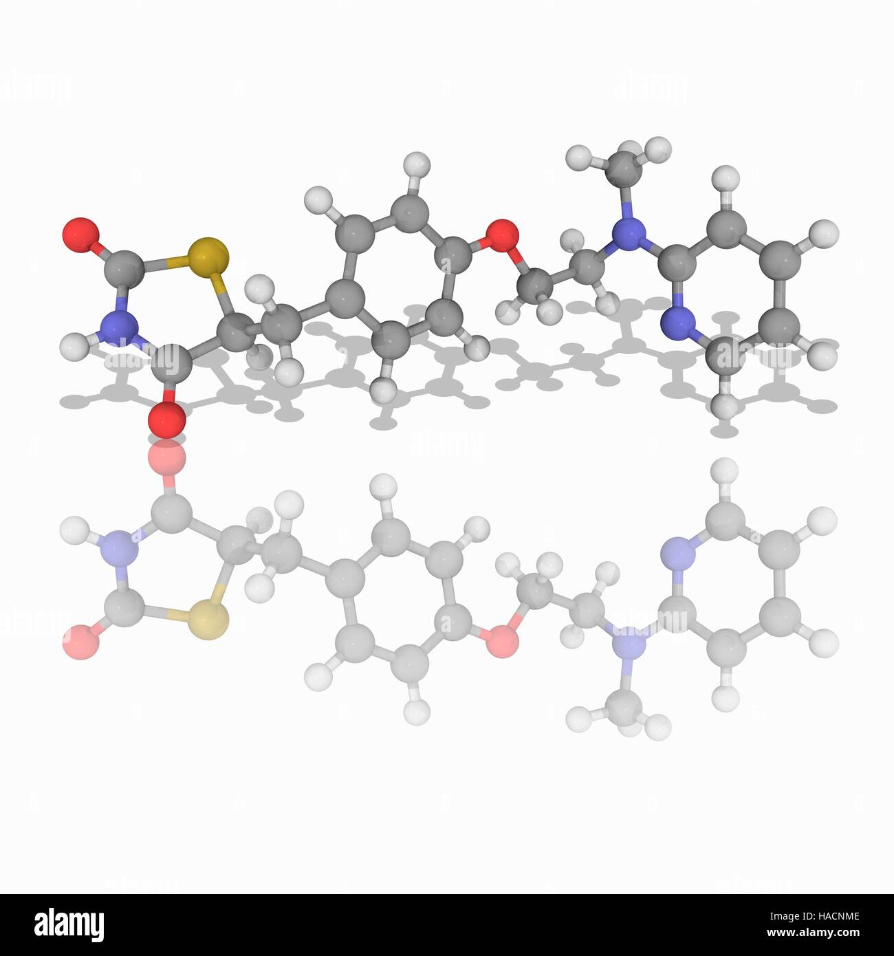 Rosiglitazone. Molecular model of the drug rosiglitazone (C18.H19.N3.O3.S), a thiazolidinedione class anti-diabetic drug used as an insulin sensitizer. Atoms are represented as spheres and are colour-coded: carbon (grey), hydrogen (white), nitrogen (blue), oxygen (red) and sulphur (yellow). Illustration. Stock Photo