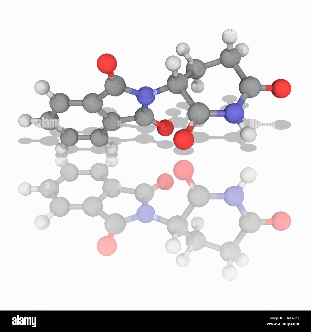 Thalidomide. Molecular model of the sedative drug thalidomide (C13.H10.N2.O4), infamous for the birth defects it caused in the late 1950s. Atoms are represented as spheres and are colour-coded: carbon (grey), hydrogen (white), nitrogen (blue) and oxygen (red). Illustration. Stock Photo