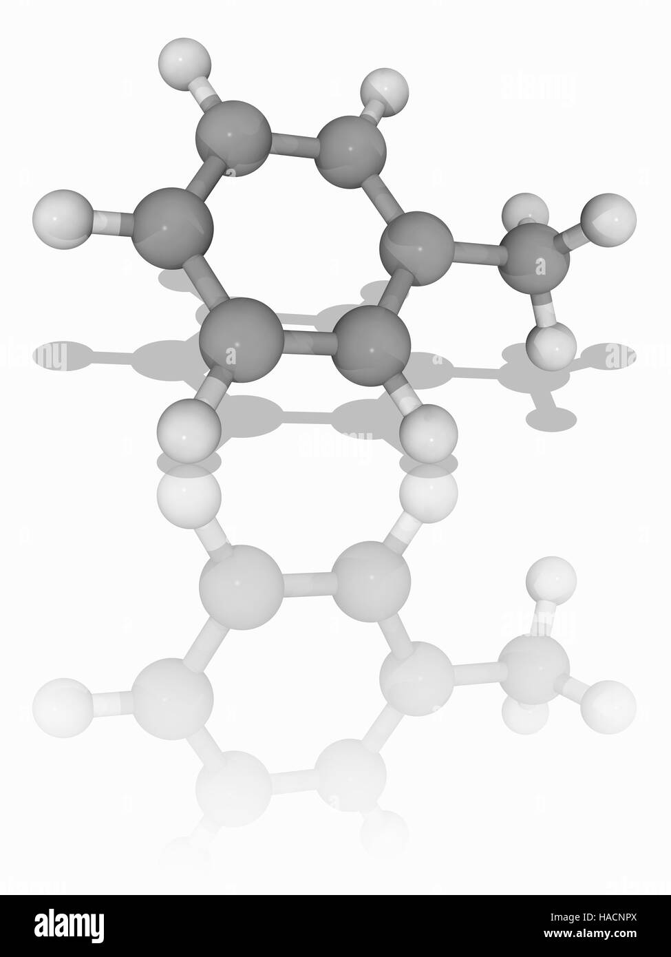 Toluene. Molecular model of the aromatic hydrocarbon toluene (C7.H8), widely used as an industrial feedstock and as a solvent. Other names include methylbenzene and phenylmethane. Atoms are represented as spheres and are colour-coded: carbon (grey) and hydrogen (white). Illustration. Stock Photo