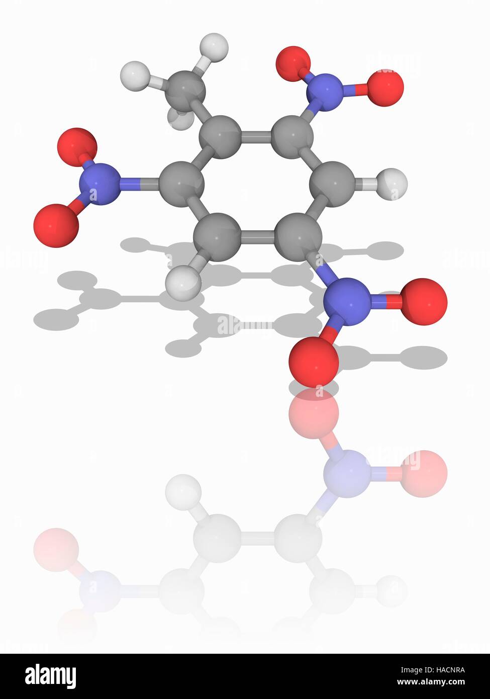 TNT. Molecular model of the organic compound and explosive trinitrotoluene (TNT, C7.H5.N3.O6). This is one of the most commonly used explosives. Atoms are represented as spheres and are colour-coded: carbon (grey), hydrogen (white), nitrogen (blue) and oxygen (red). Illustration. Stock Photo