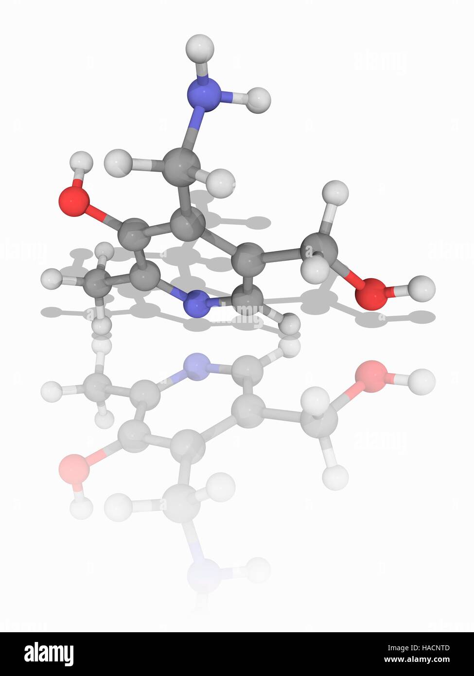 Pyridoxamine. Molecular model of the pyridoxamine (C8.H12.N2.O2) form of vitamin B6. This vitamin is required as a cofactor in reactions of amino acids, lipids and glucose. Atoms are represented as spheres and are colour-coded: carbon (grey), hydrogen (white), nitrogen (blue) and oxygen (red). Illustration. Stock Photo