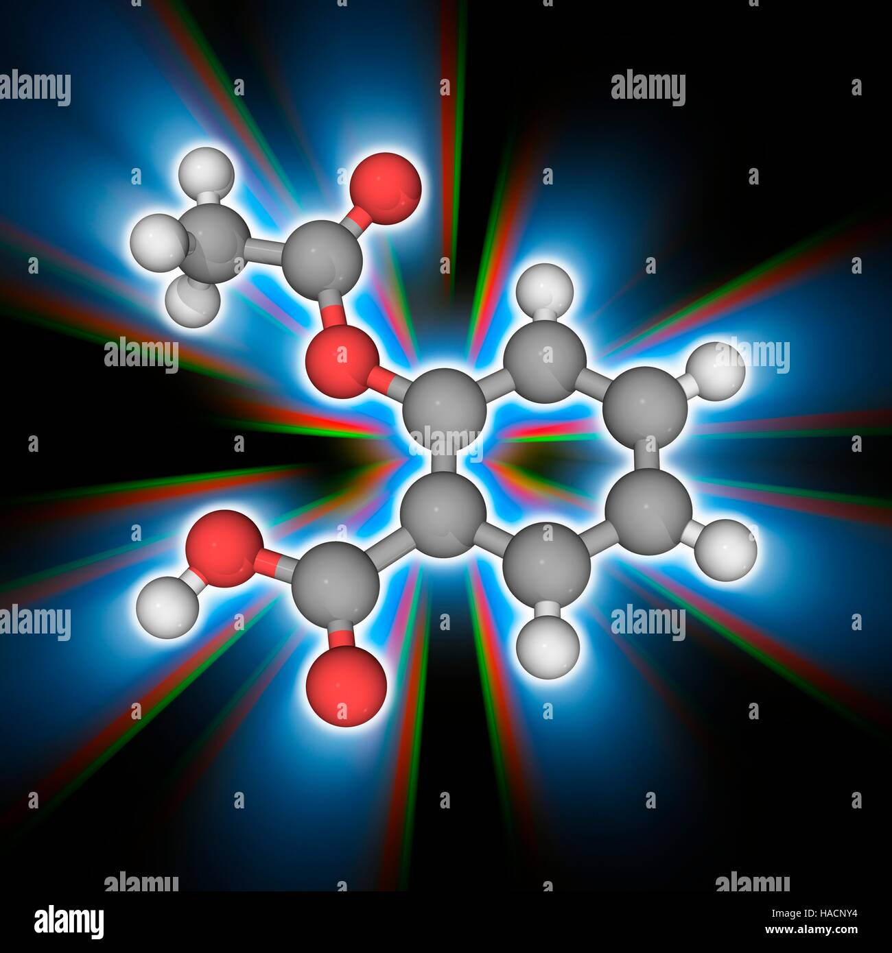 Aspirin. Molecular model of the drug aspirin, also known as