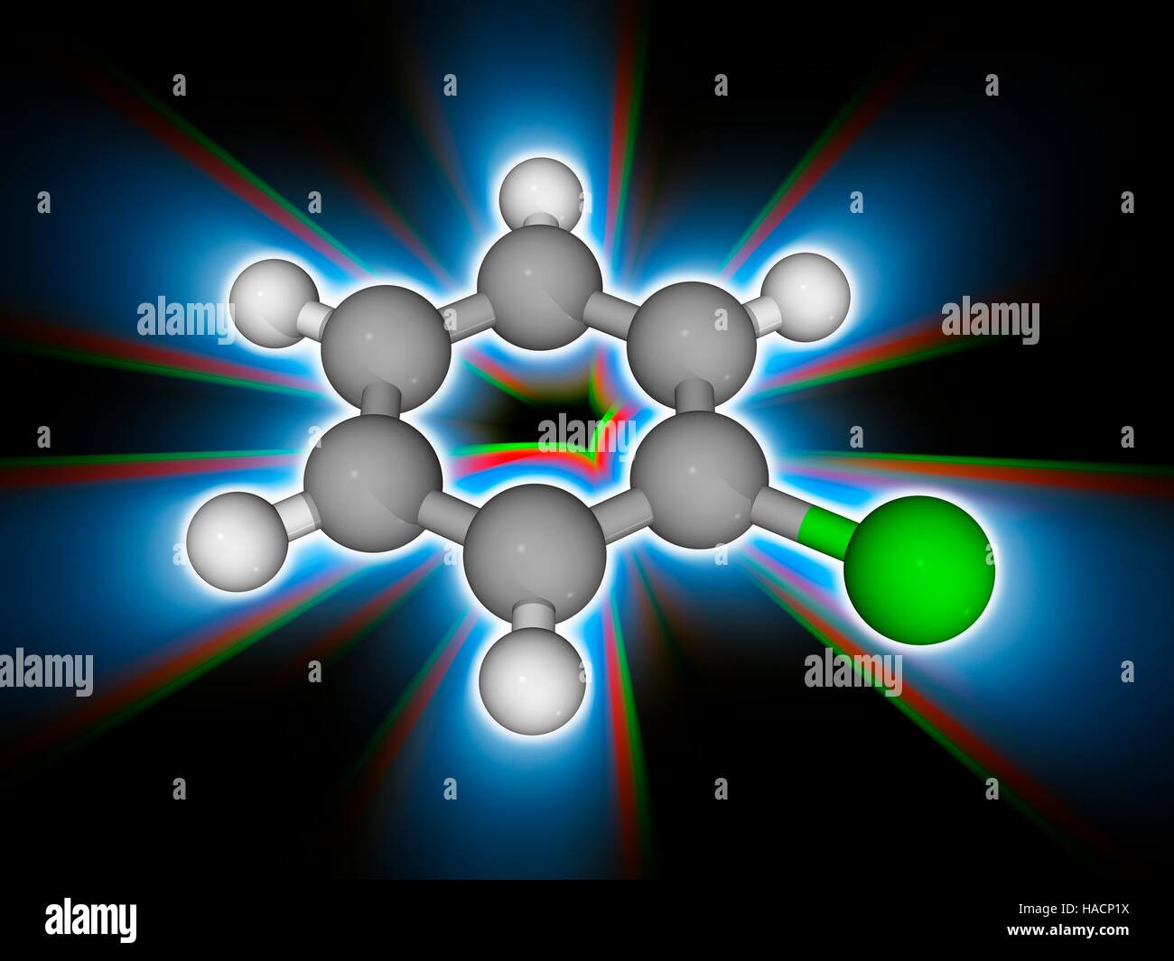 Chlorobenzene. Molecular model of the organochlorine aromatic compound